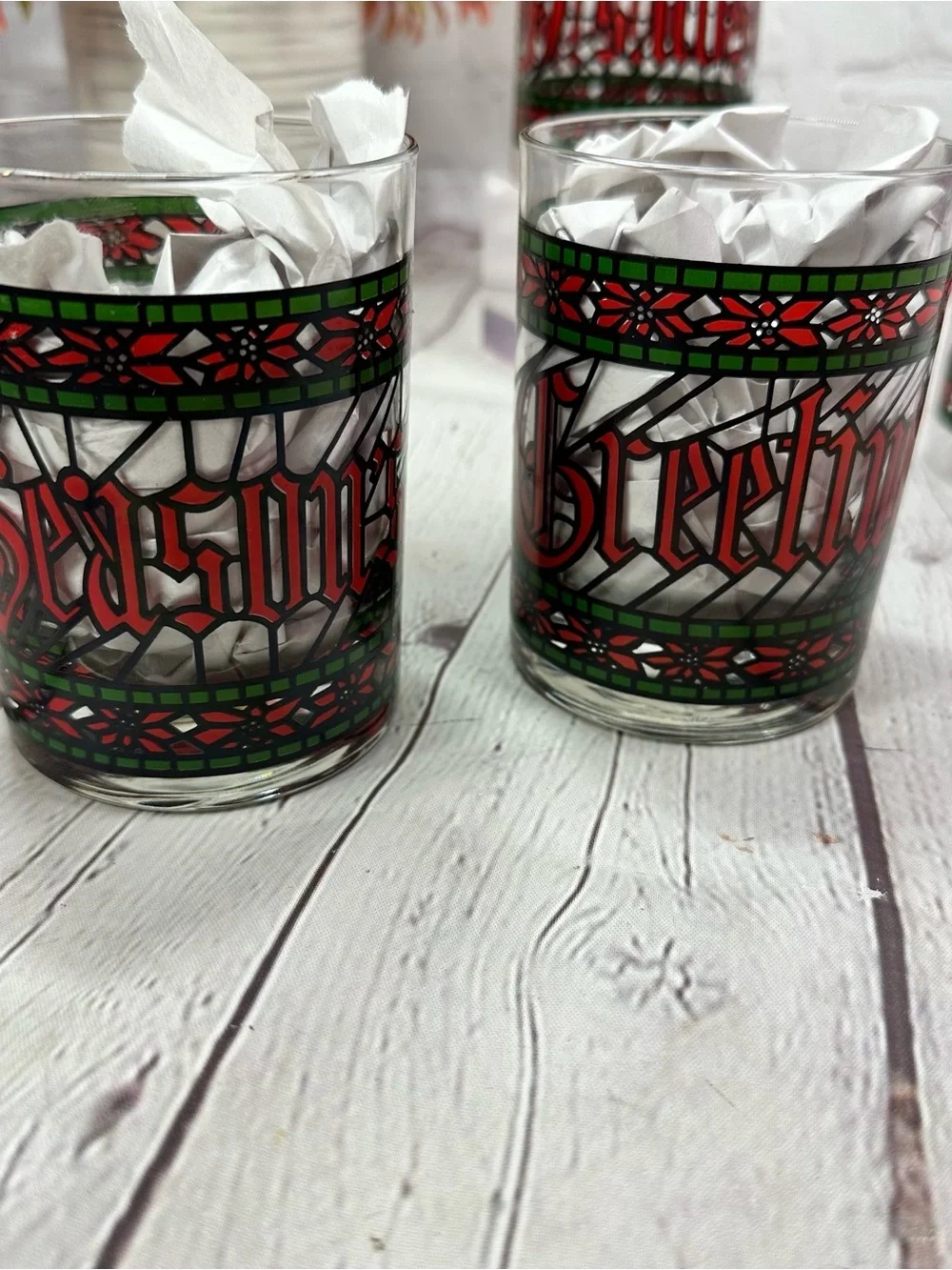 vtg HUZ1 Houze Glass Company Double Old Fashioned 4pc seasons greetings holiday